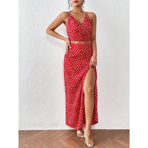 ❗️2 piece skirt set: boho Floral Print Cami Top & Split Thigh maxi Skirt - Picture 6 of 8